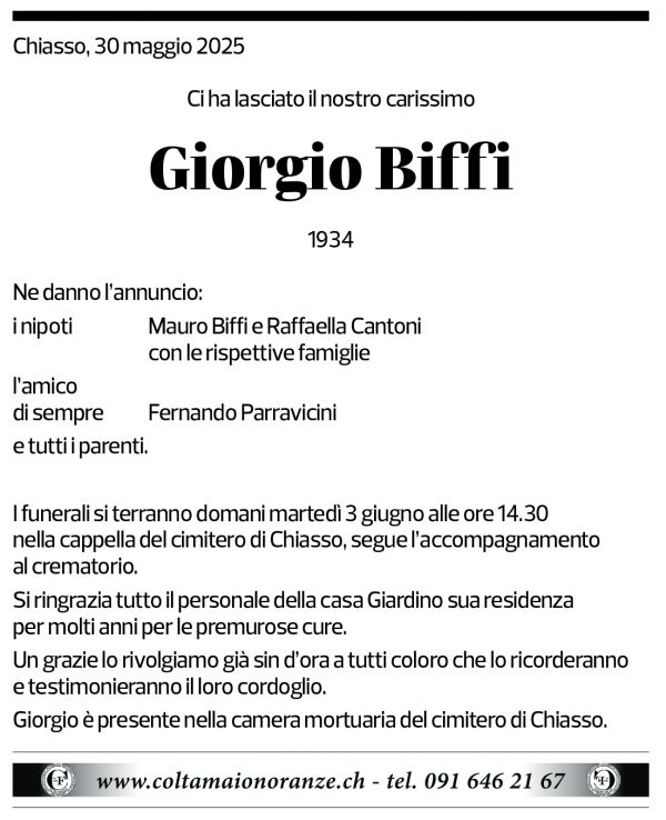 Annuncio funebre Giorgio Biffi