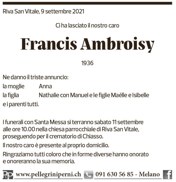 Annuncio funebre Francis Ambroisy