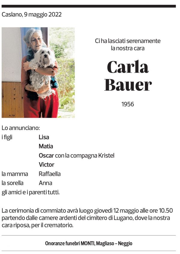 Annuncio funebre Carla Bauer