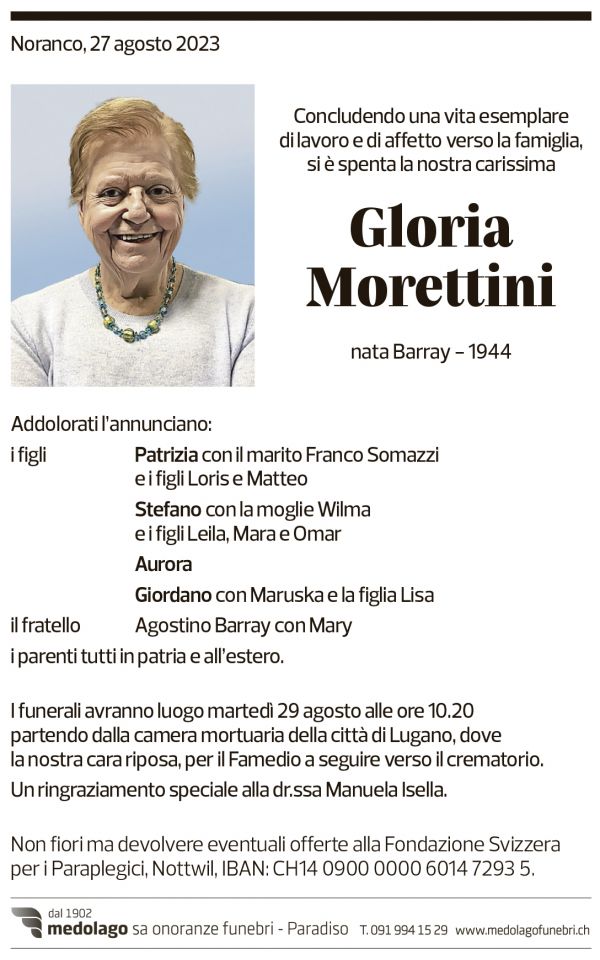 Annuncio funebre Gloria Morettini