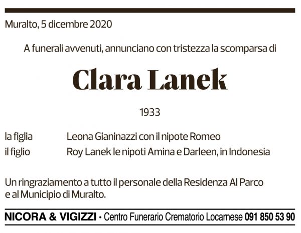 Annuncio funebre Clara Lanek