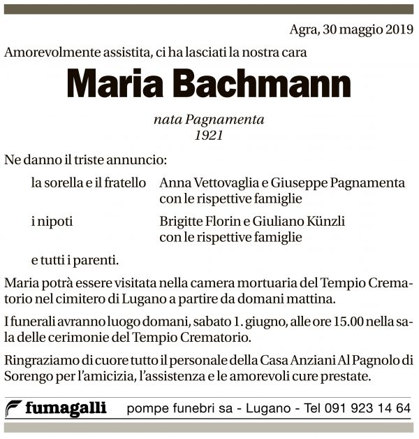 Annuncio funebre Maria Bachmann