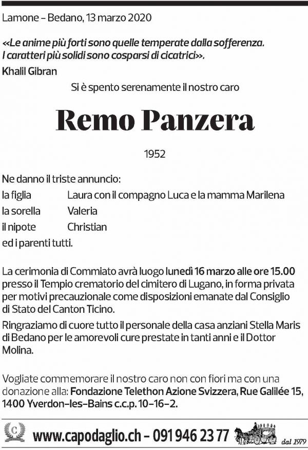 Annuncio funebre Remo Panzera