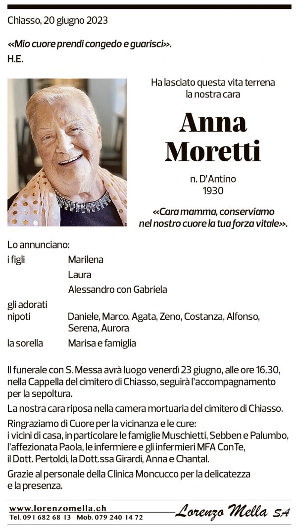 Annuncio funebre Anna Moretti