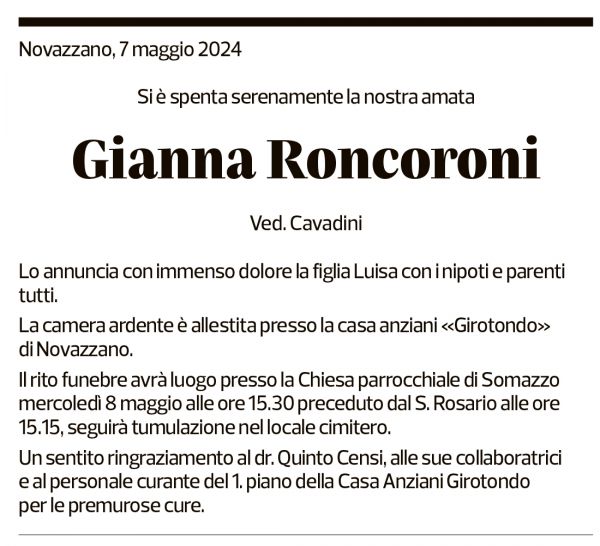 Annuncio funebre Gianna Roncoroni