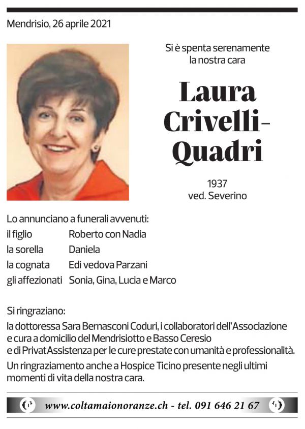 Annuncio funebre Laura Crivelli-quadri