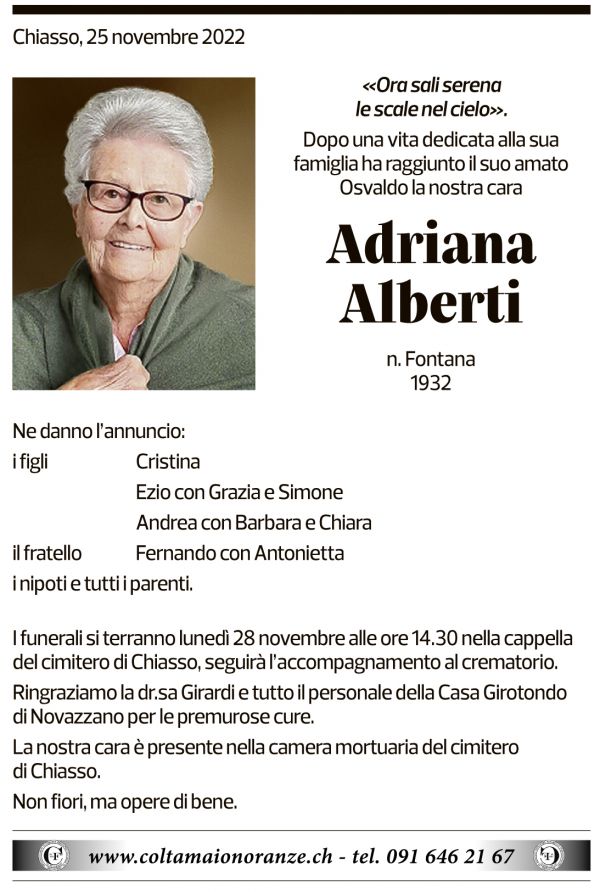 Annuncio funebre Adriana Alberti