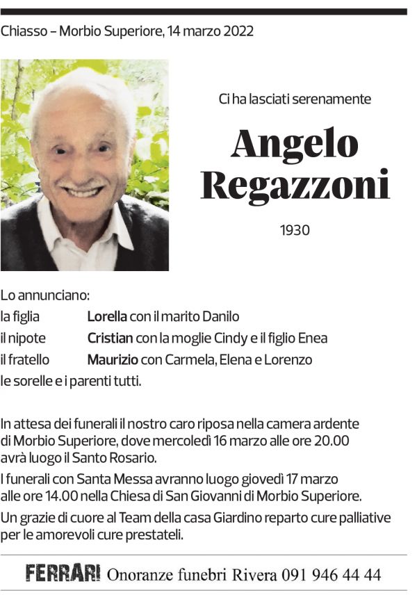 Annuncio funebre Angelo Regazzoni