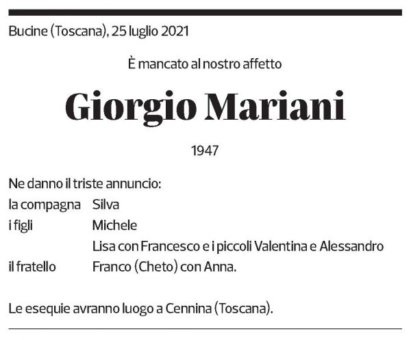 Annuncio funebre Giorgio Mariani