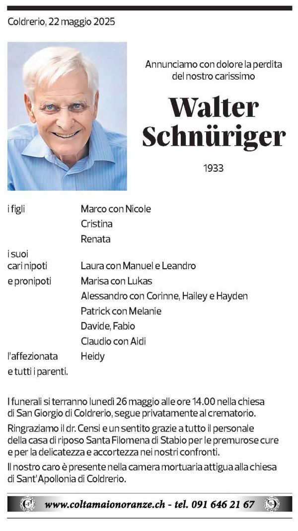 Annuncio funebre Walter Schnüriger