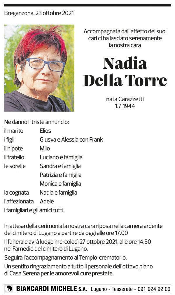 Annuncio funebre Nadia Della Torre