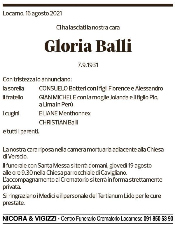 Annuncio funebre Gloria Balli