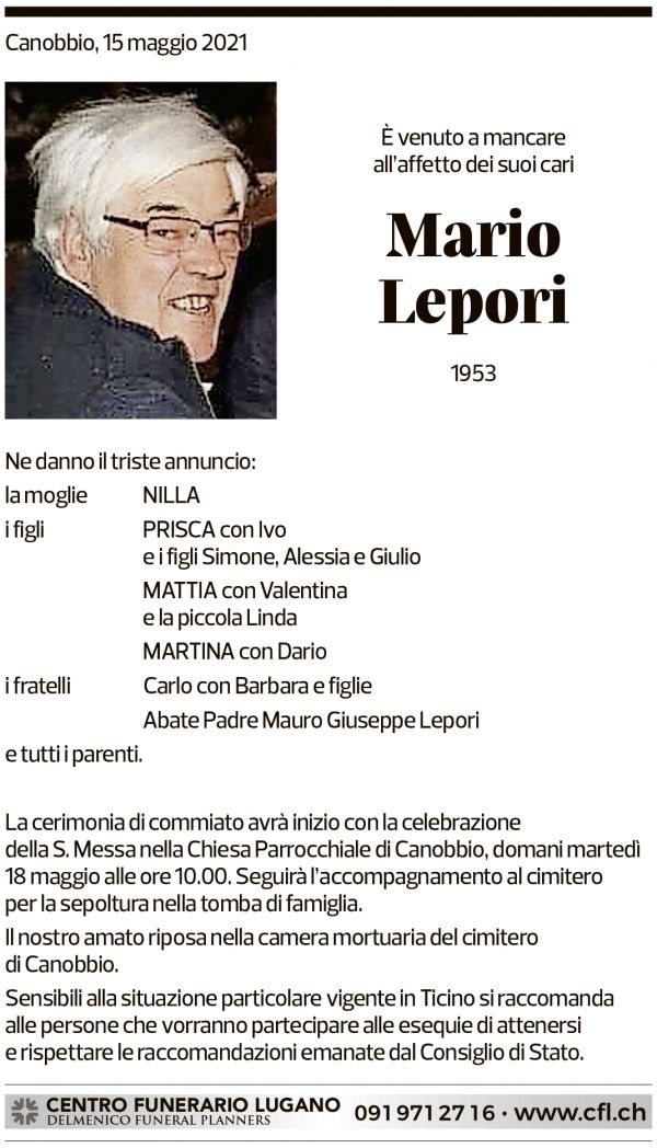 Annuncio funebre Mario Lepori