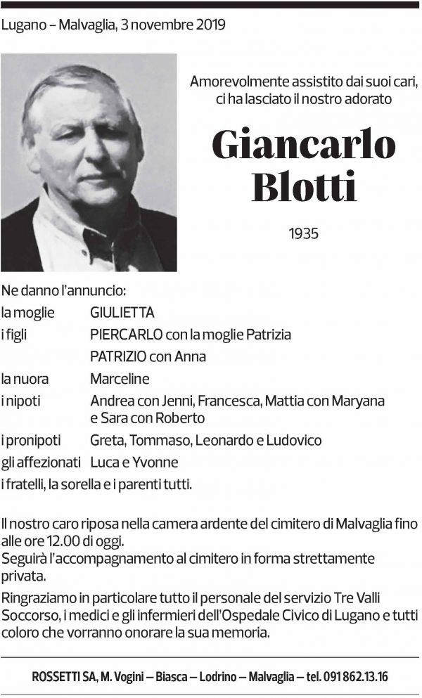 Annuncio funebre Giancarlo Blotti