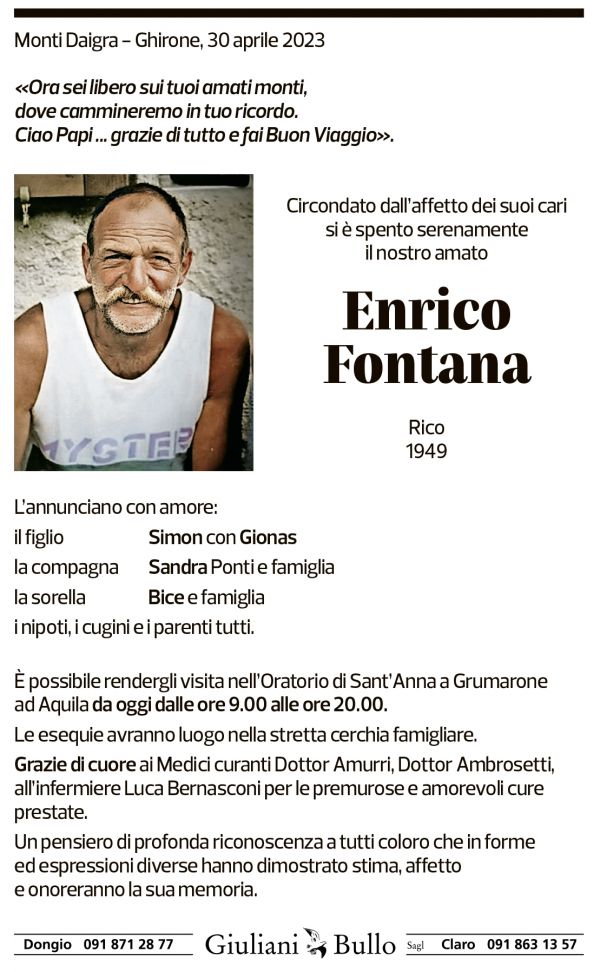 Annuncio funebre Enrico Fontana