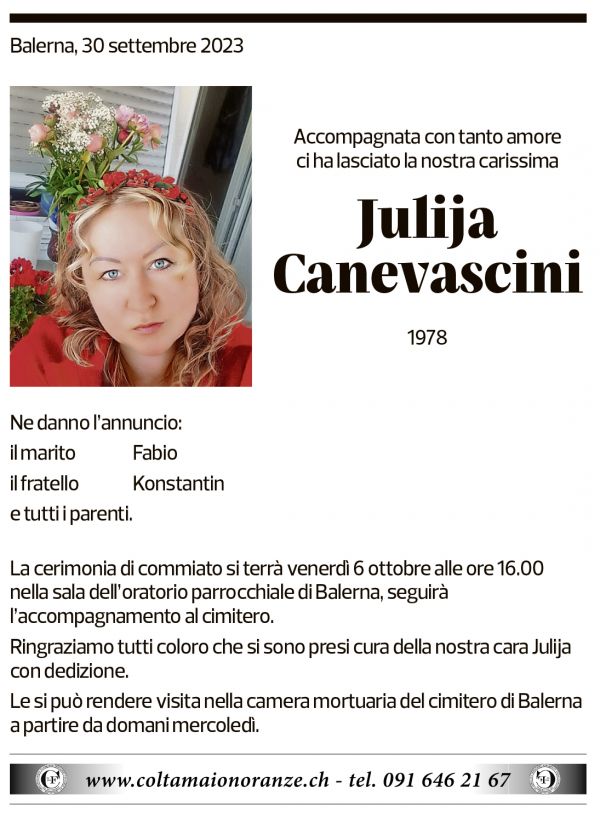 Annuncio funebre Julija Canevascini