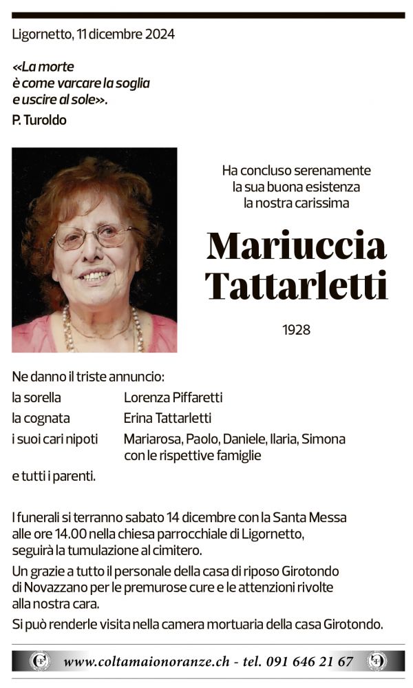 Annuncio funebre Mariuccia Tattarletti