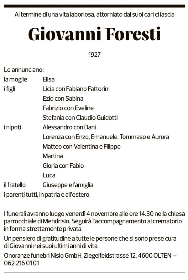 Annuncio funebre Giovanni Foresti