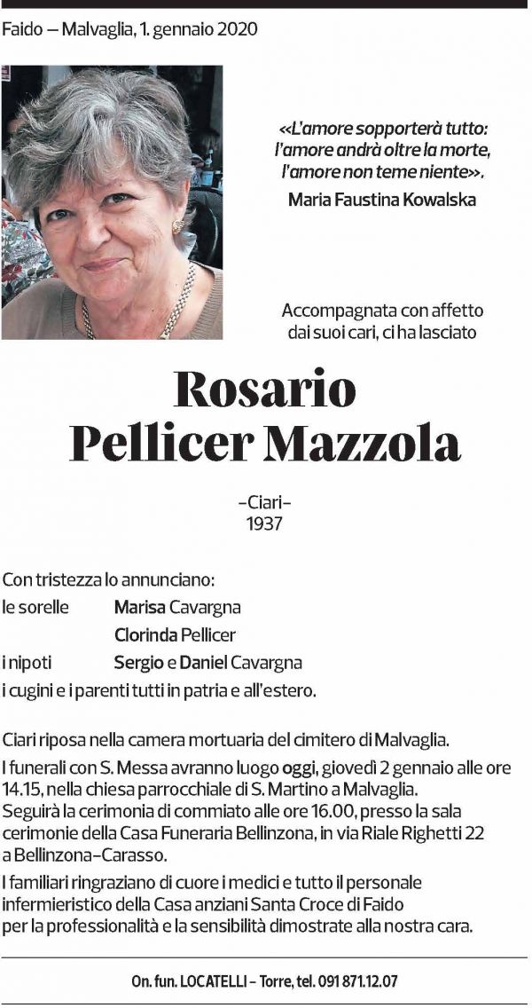 Annuncio funebre Rosario Pellicer Mazzola