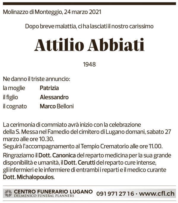 Annuncio funebre Attilio Abbiati