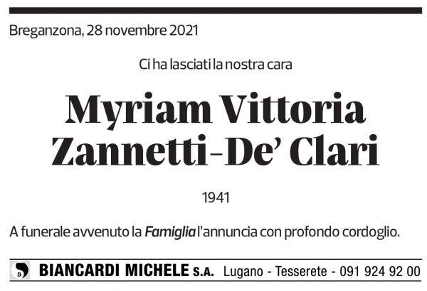 Annuncio funebre Myriam Vittoria Zannetti-de' Clari