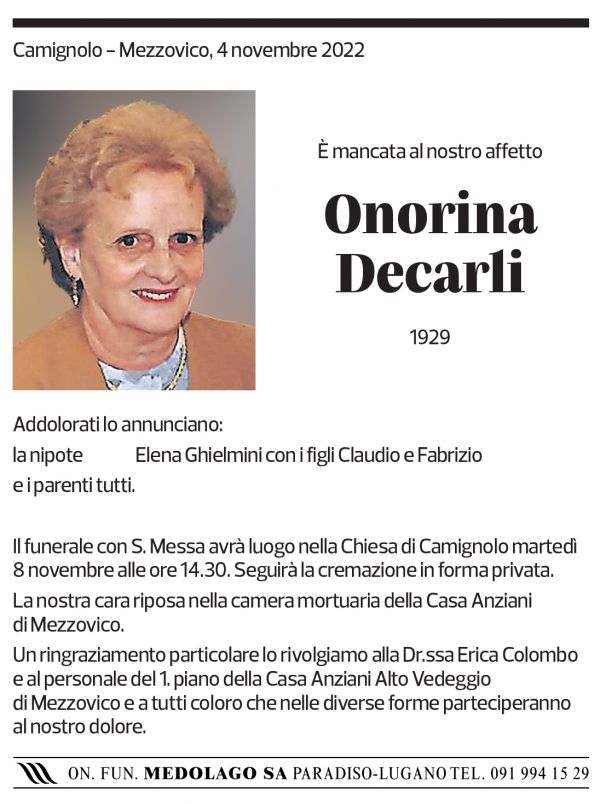 Annuncio funebre Onorina Decarli