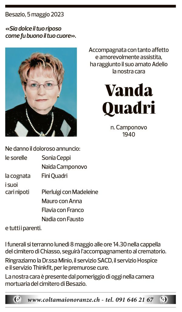 Annuncio funebre Vanda Quadri