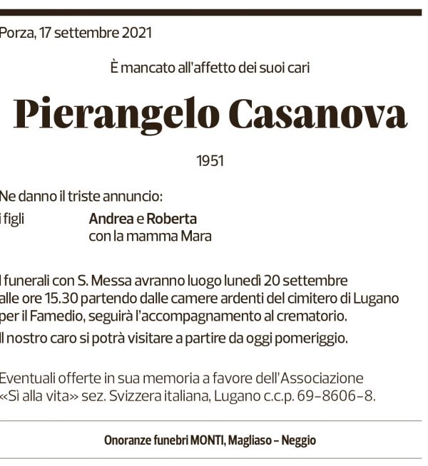 Annuncio funebre Pierangelo Casanova