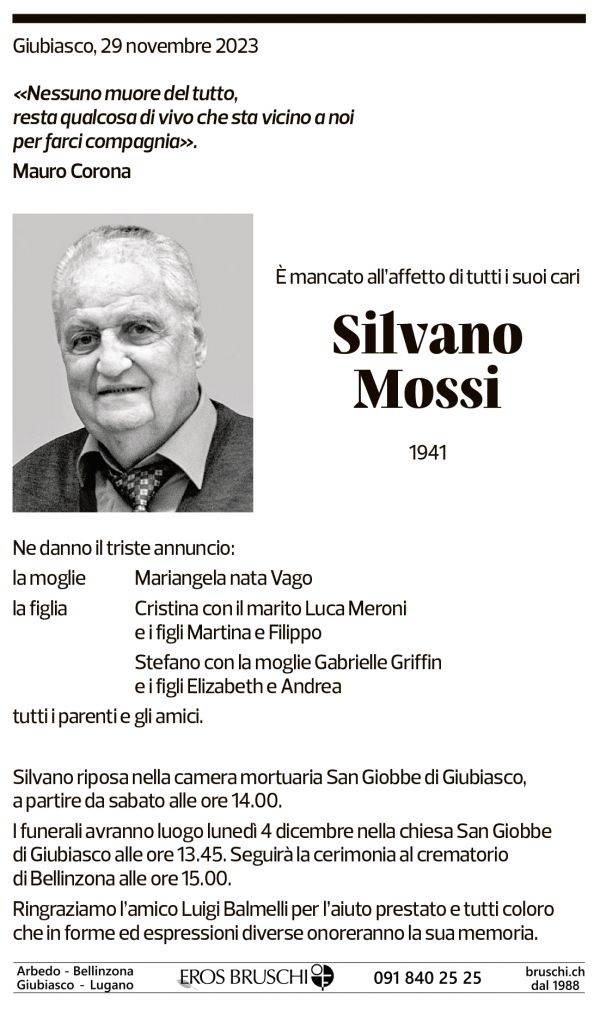 Annuncio funebre Silvano Mossi