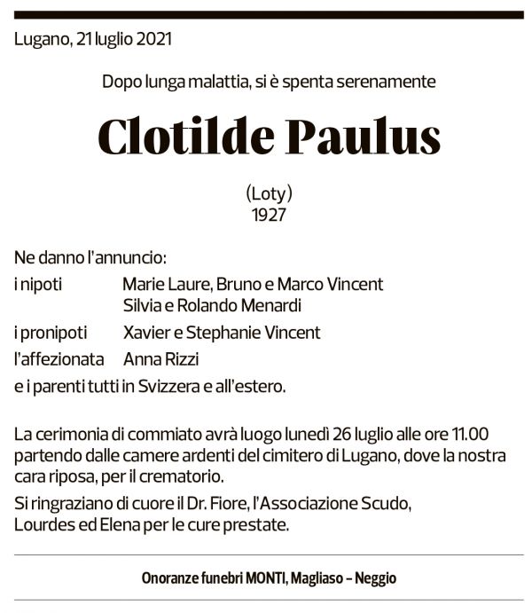 Annuncio funebre Clotilde Paulus