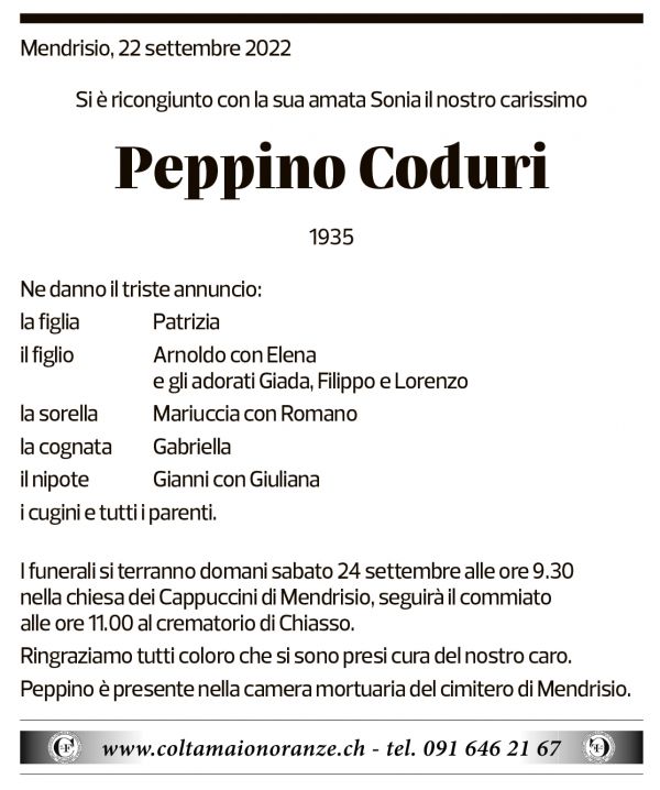 Annuncio funebre Peppino Coduri