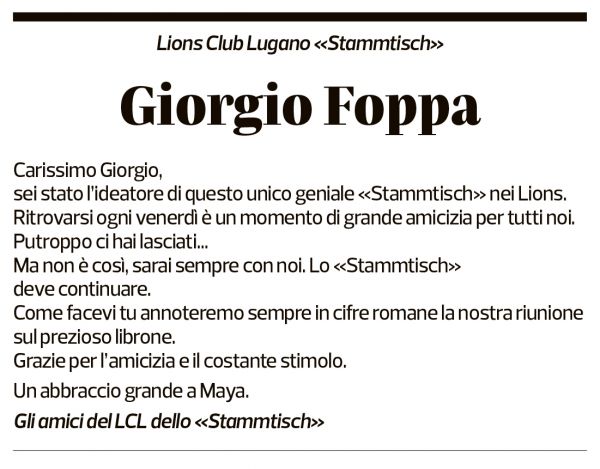 Annuncio funebre Giorgio Foppa