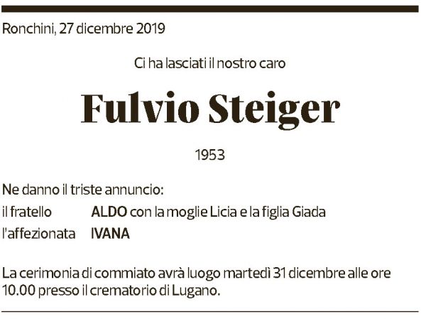 Annuncio funebre Fulvio Steiger