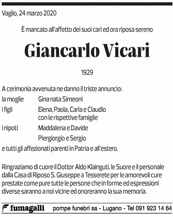 Annuncio funebre Giancarlo Vicari