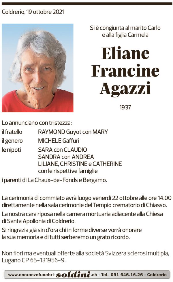 Annuncio funebre Eliane Francine Agazzi