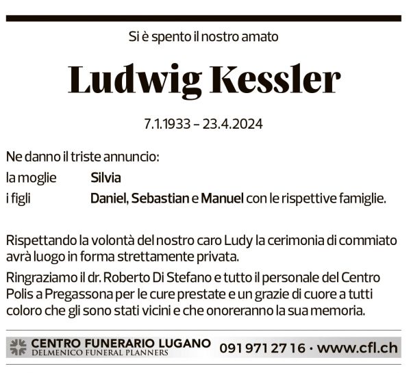 Annuncio funebre Ludwig Kessler