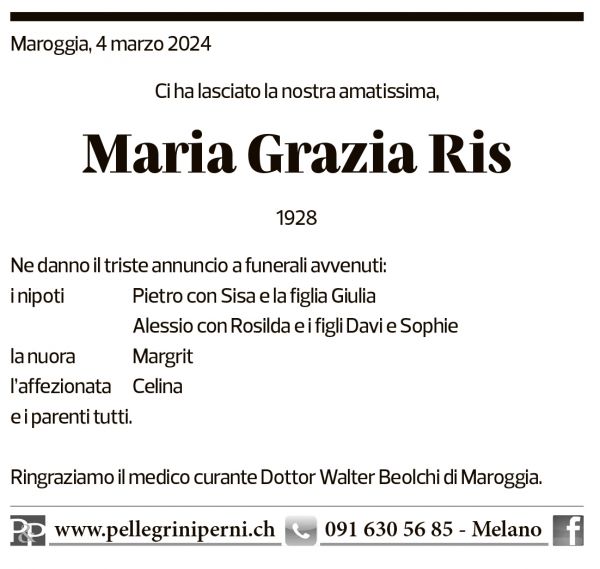 Annuncio funebre Maria Grazia Ris