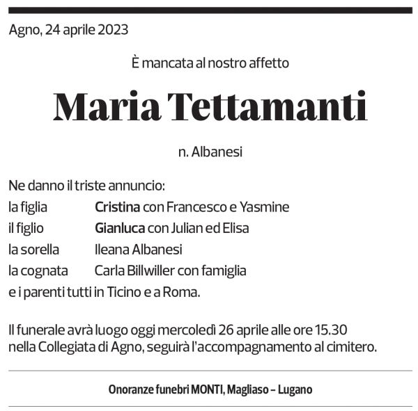 Annuncio funebre Maria Tettamanti