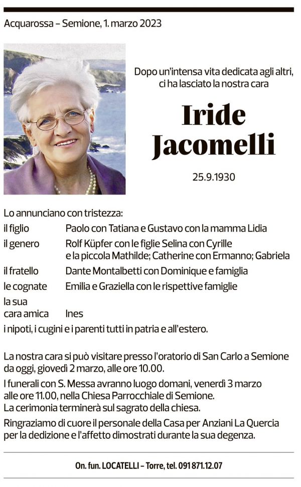 Annuncio funebre Iride Jacomelli