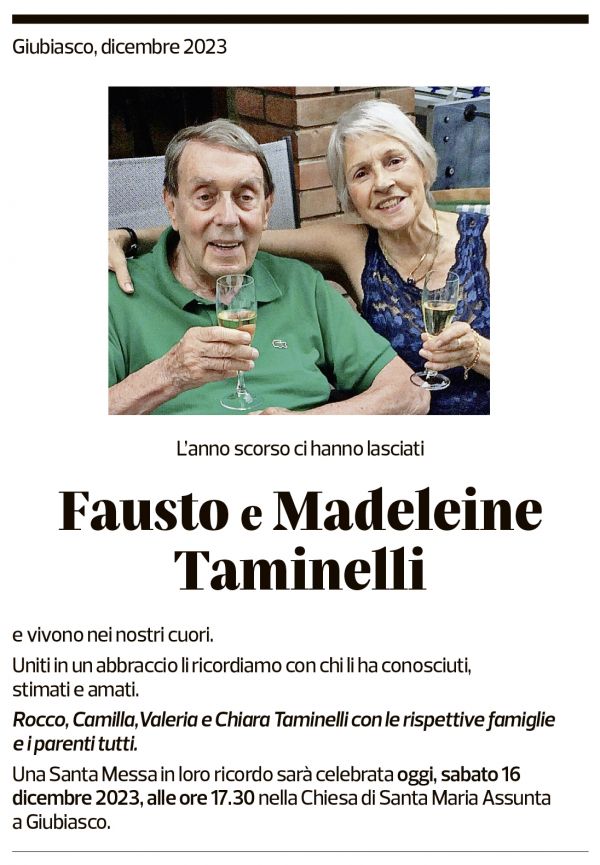 Annuncio funebre Fausto E Madeleine Taminelli