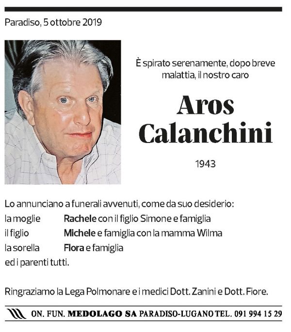 Annuncio funebre Aros Calanchini
