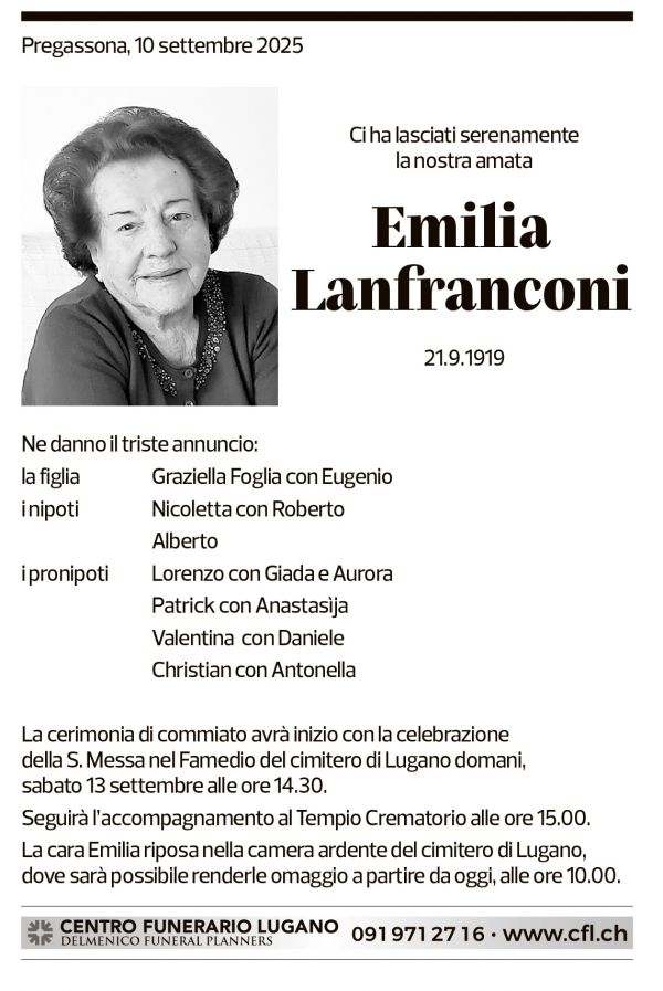 Annuncio funebre Emilia Lafranconi