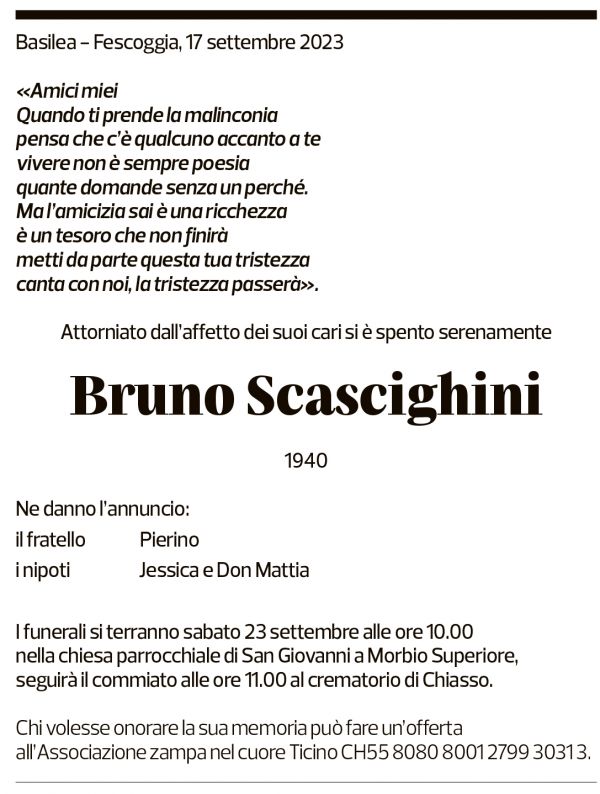 Annuncio funebre Bruno Scascighini