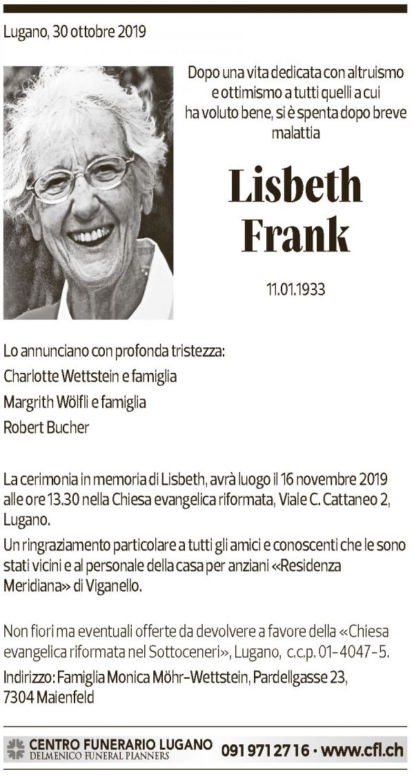 Annuncio funebre Lisbeth Frank