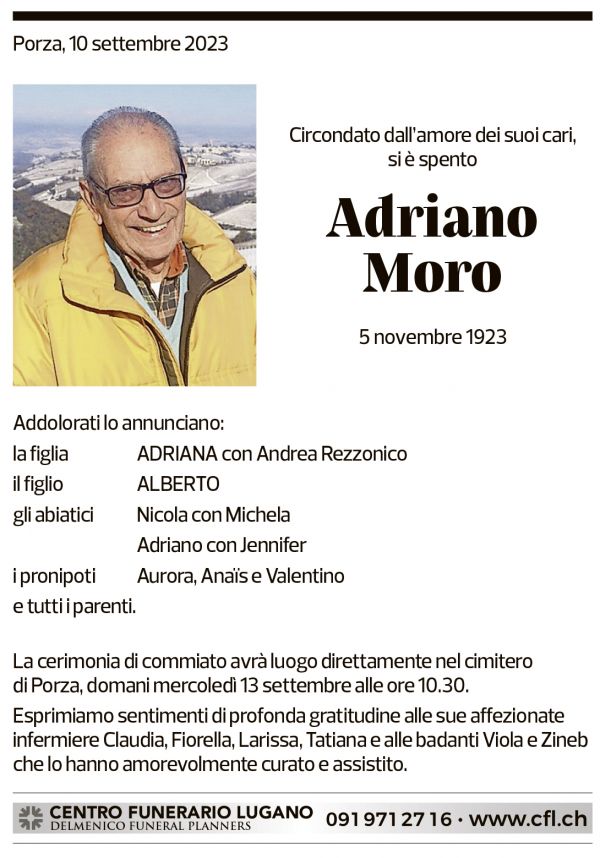 Annuncio funebre Adriano Moro