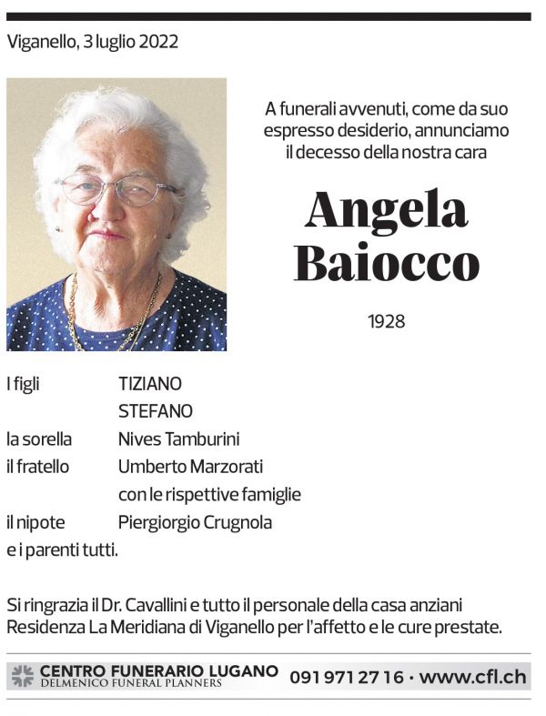 Annuncio funebre Angela Baiocco