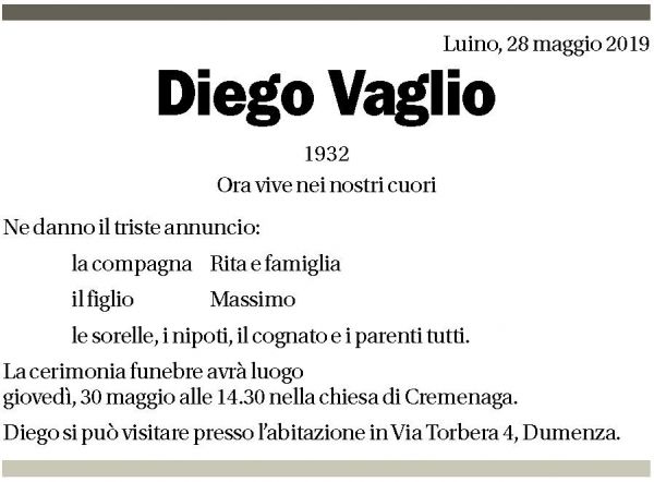 Annuncio funebre Diego Vaglio
