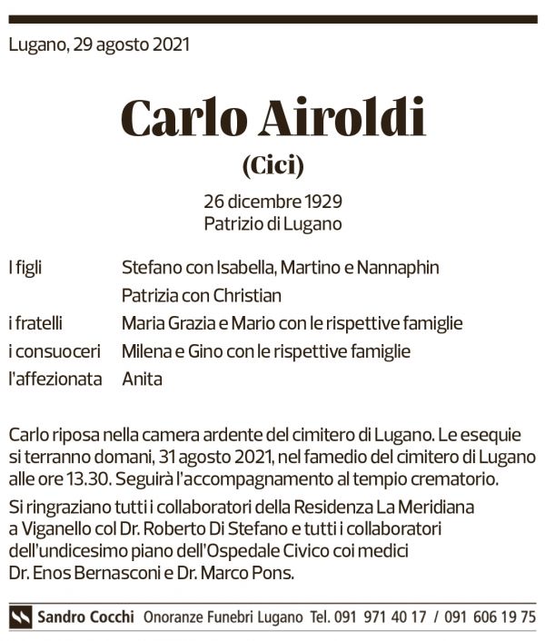 Annuncio funebre Carlo Airoldi