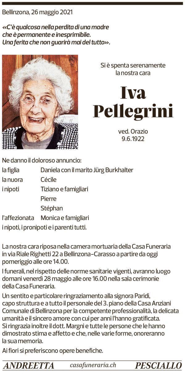 Annuncio funebre Iva Pellegrini