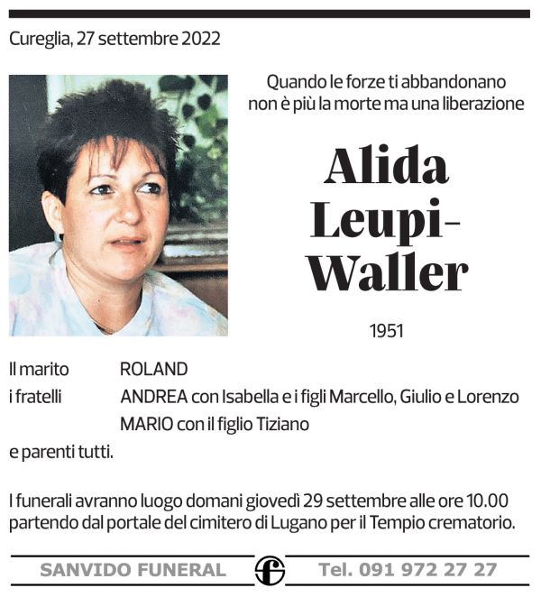 Annuncio funebre Alida Leupi-waller